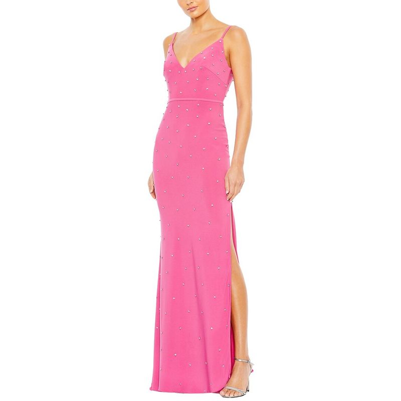 Mac Duggal Womens Rhinestone Embellished V-Neck Gown, Pink